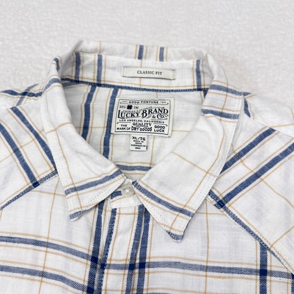 Lucky Brand Snap Button Shirt Mens XL White Blue Plaid Short Sleeve Button Down - Picture 4 of 9